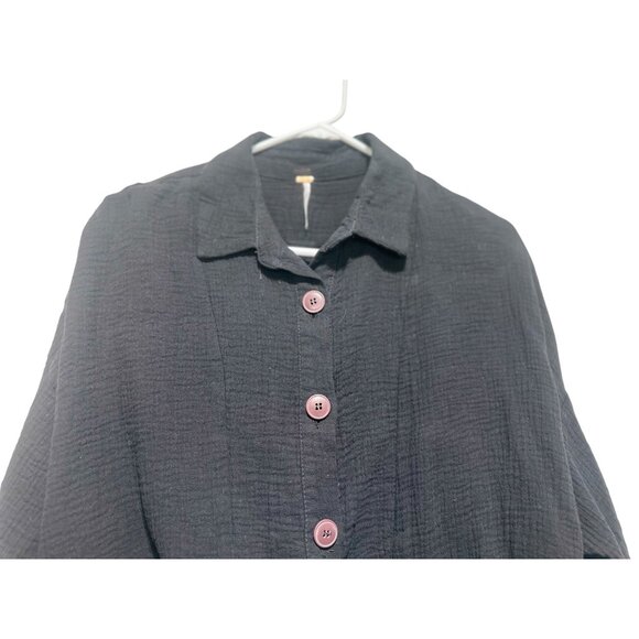 Free People Tie Front Button Down Blouse Large Black Gauze Long Sleeve Dark Boho - Picture 7 of 15